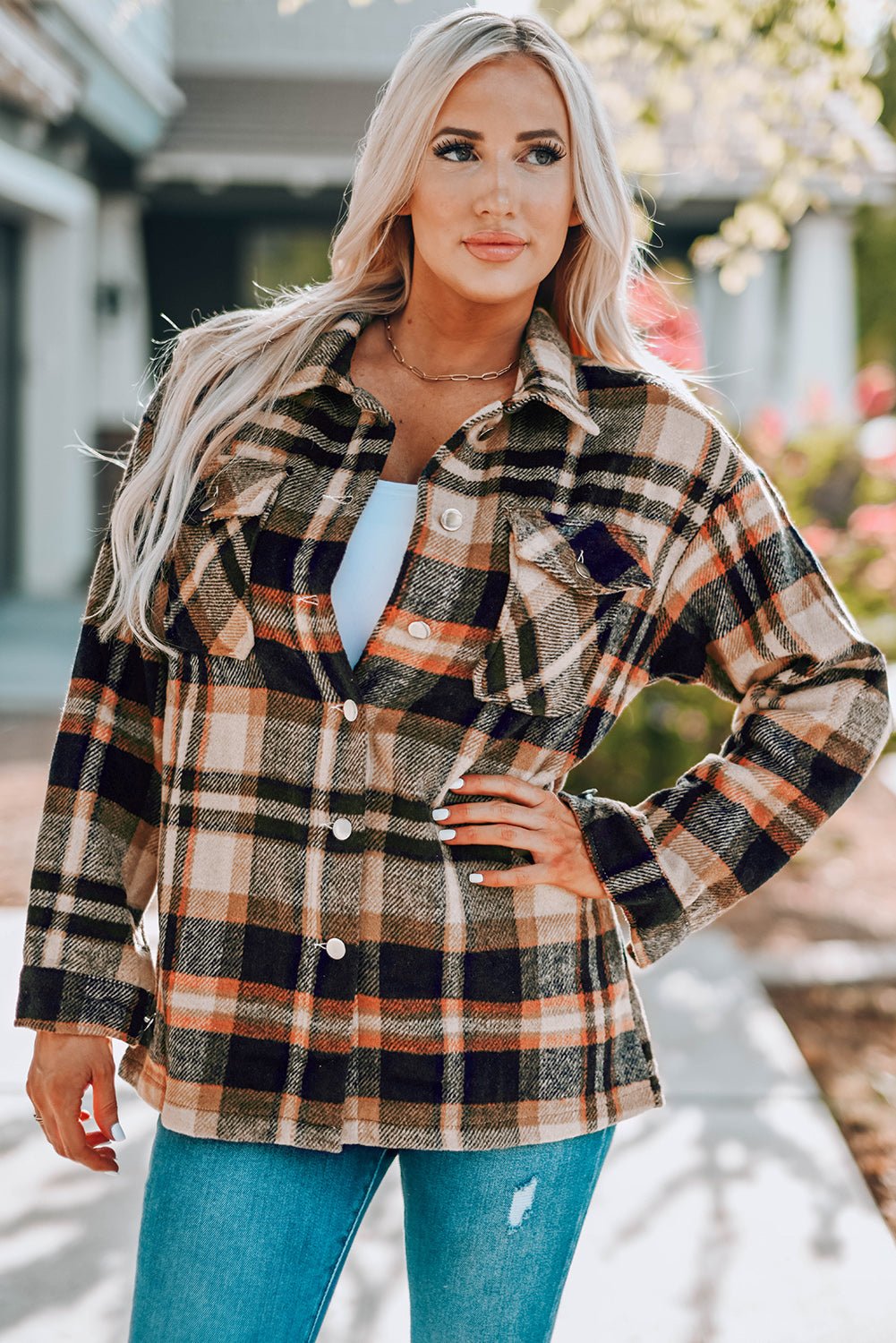 Plaid Button Boyfriend Style Shirt Jacket with Breast Pockets