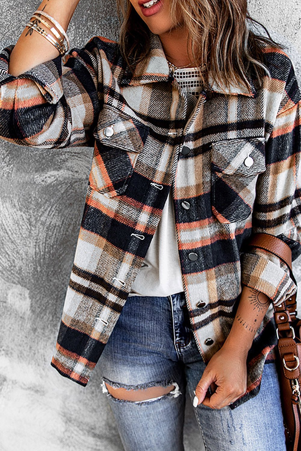 Plaid Button Boyfriend Style Shirt Jacket with Breast Pockets