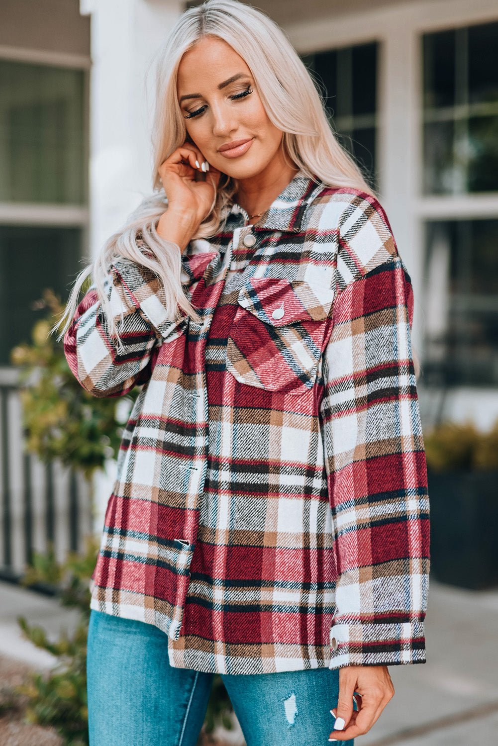 Plaid Button Boyfriend Style Shirt Jacket with Breast Pockets