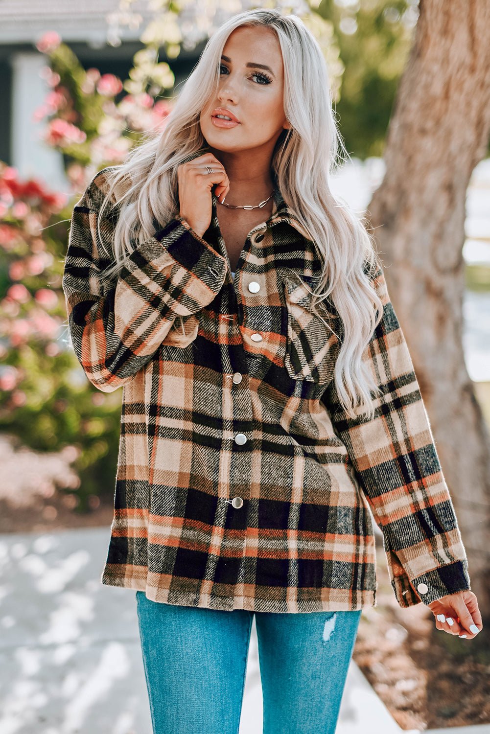 Plaid Button Boyfriend Style Shirt Jacket with Breast Pockets