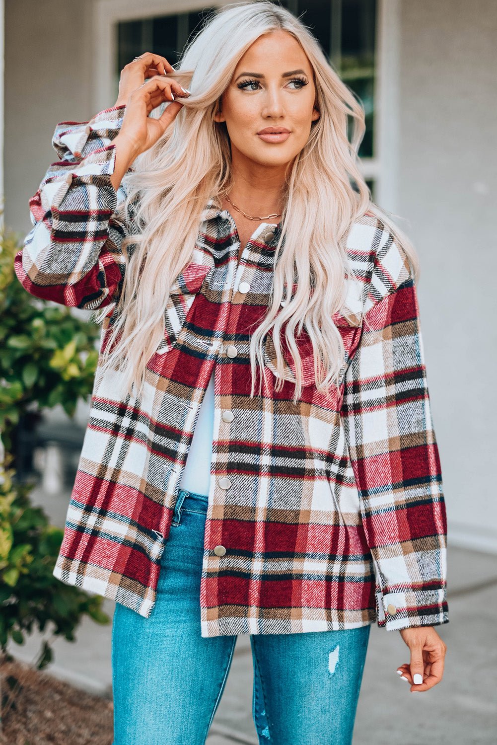 Plaid Button Boyfriend Style Shirt Jacket with Breast Pockets