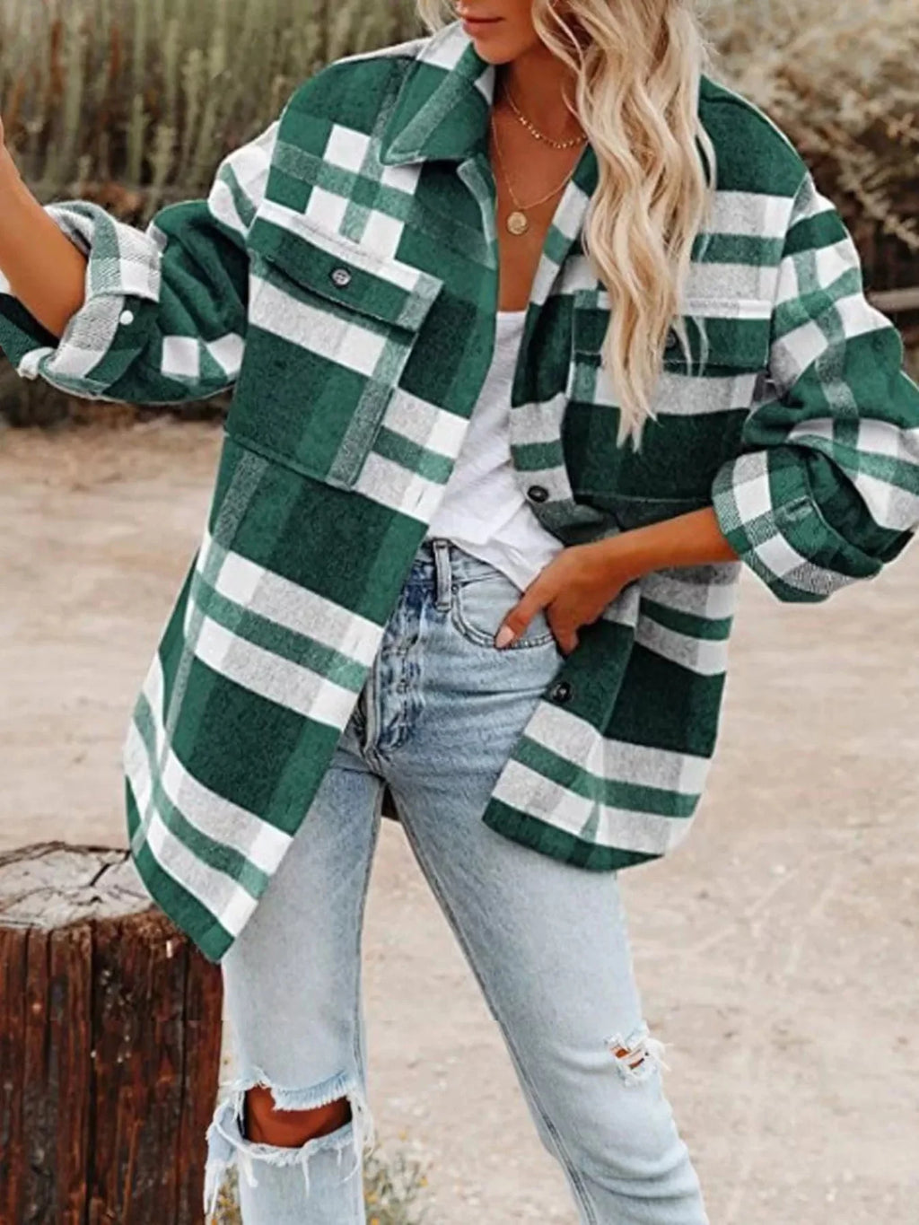 Plaid Button-Down Long Sleeve Jacket