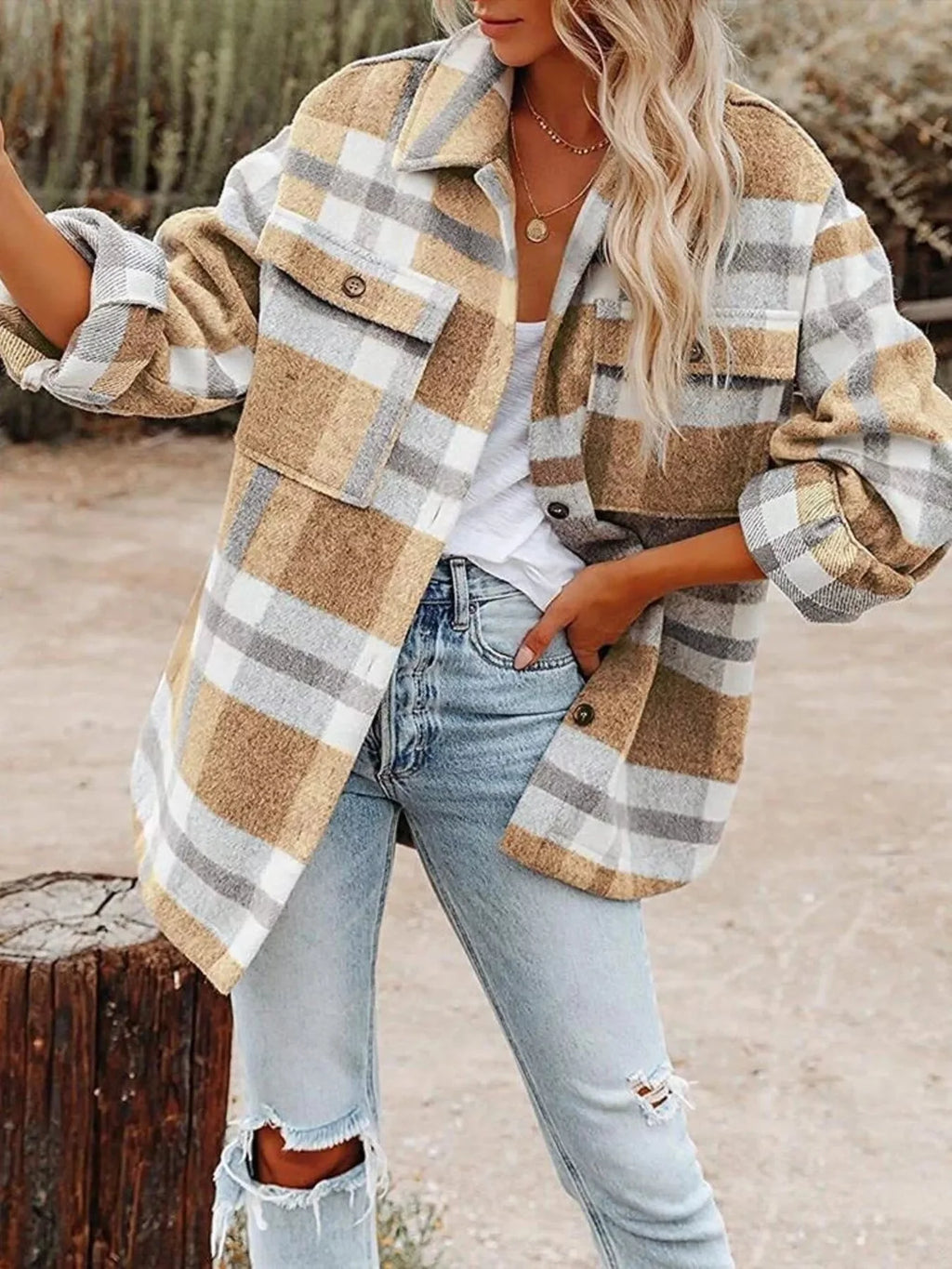 Plaid Button-Down Long Sleeve Jacket