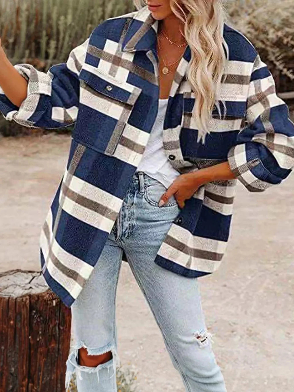 Plaid Button-Down Long Sleeve Jacket