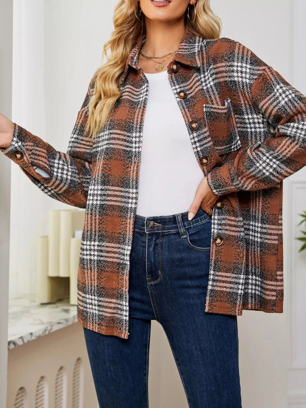 Plaid Button Up Long Sleeve Shacket