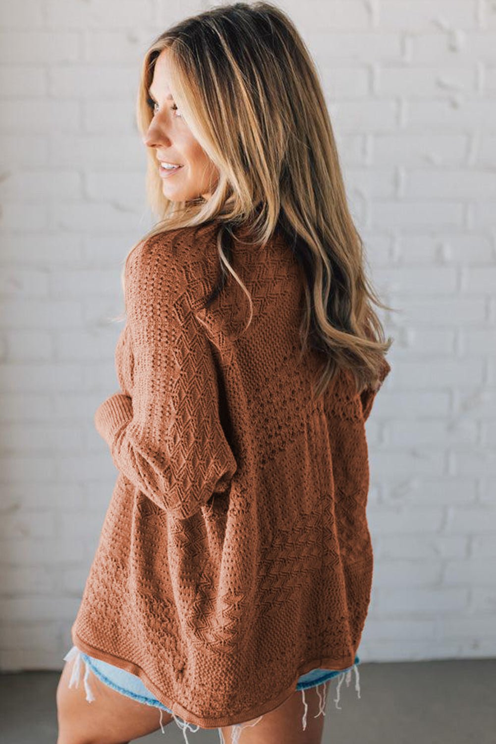 Redwood Burl Mix Pattern Hollow Knit Open Front Cardigan