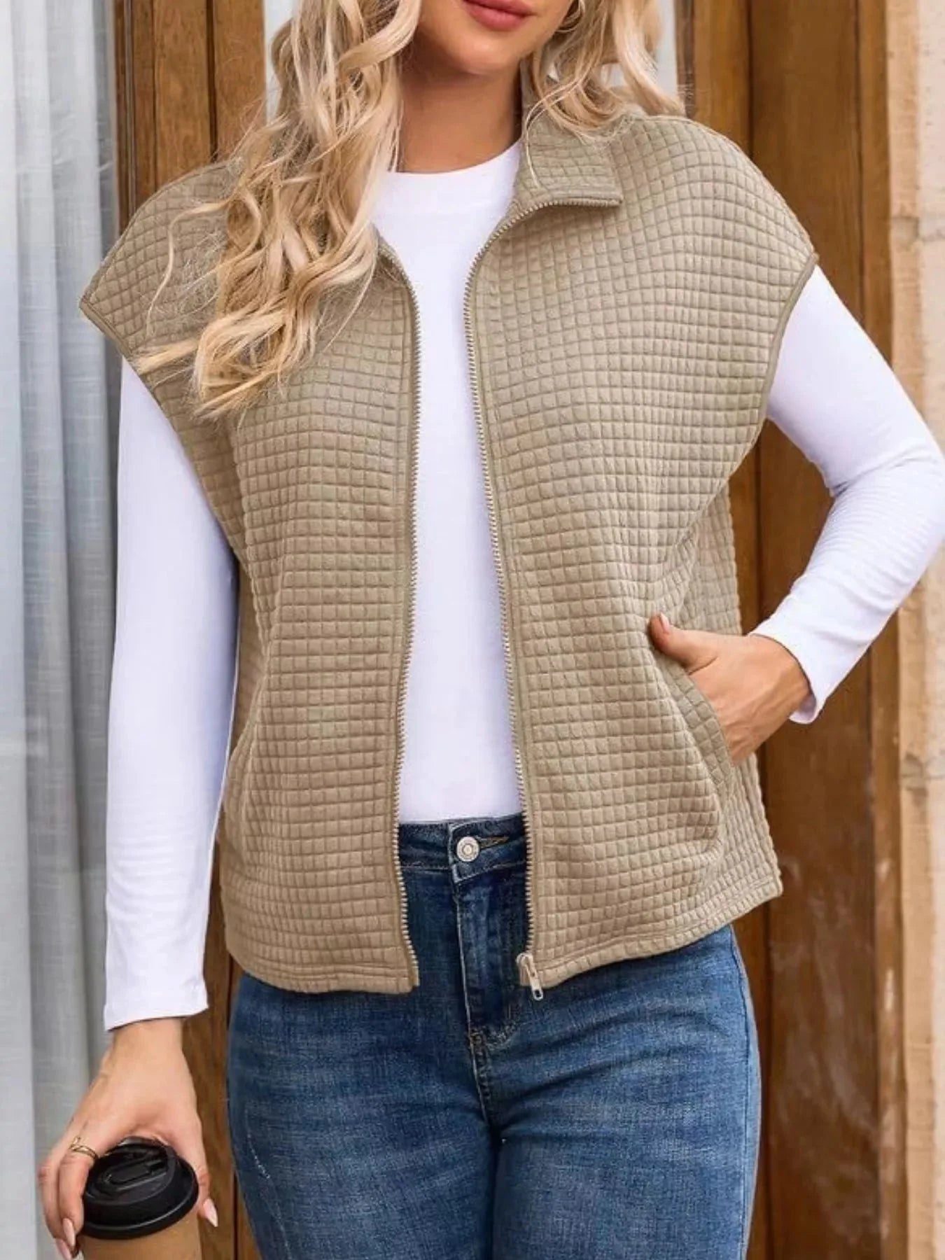 Ribbed Texture Lightweight Zip-Up Vest Coat - 3 Color Options