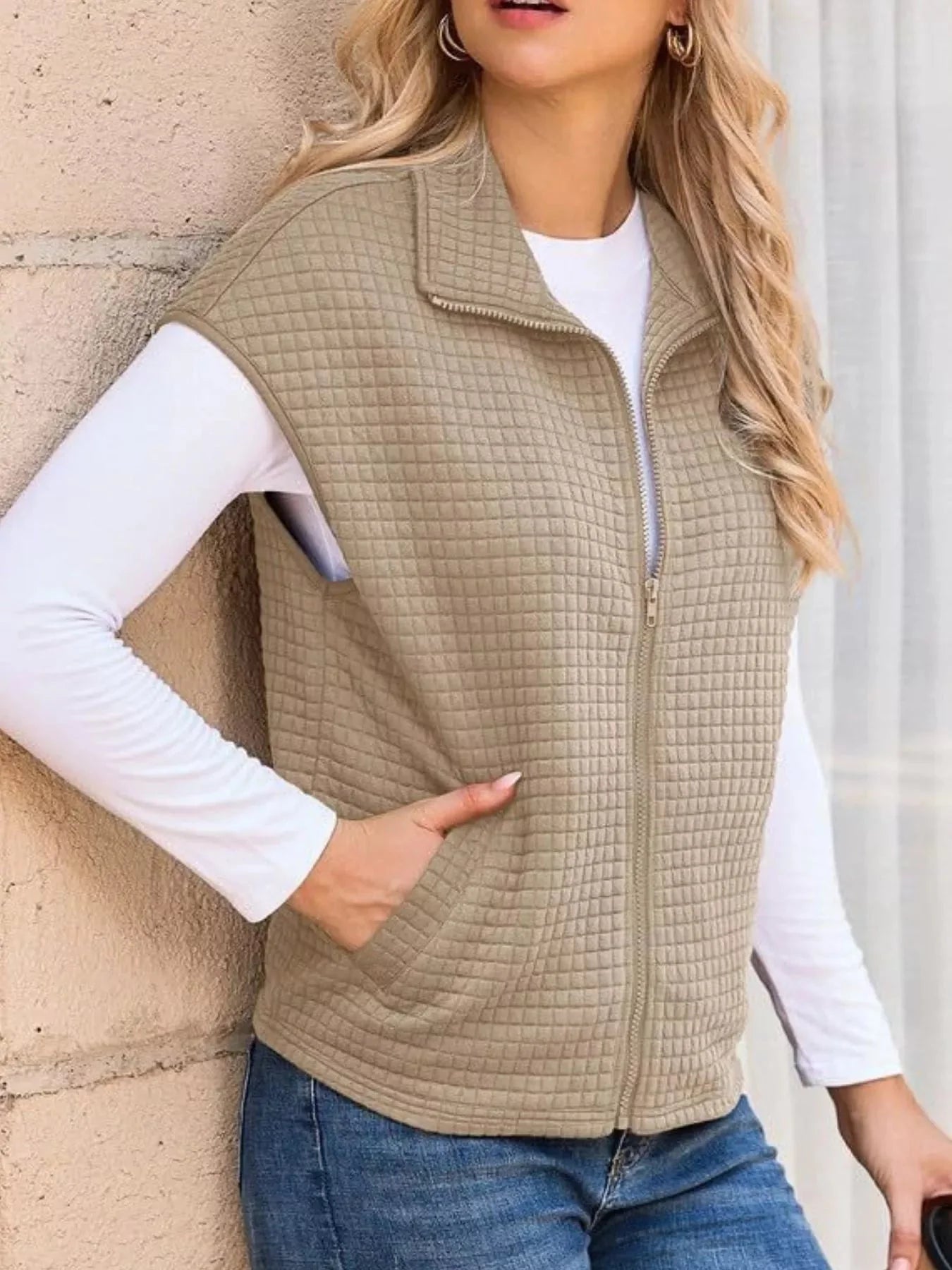 Ribbed Texture Lightweight Zip-Up Vest Coat - 3 Color Options