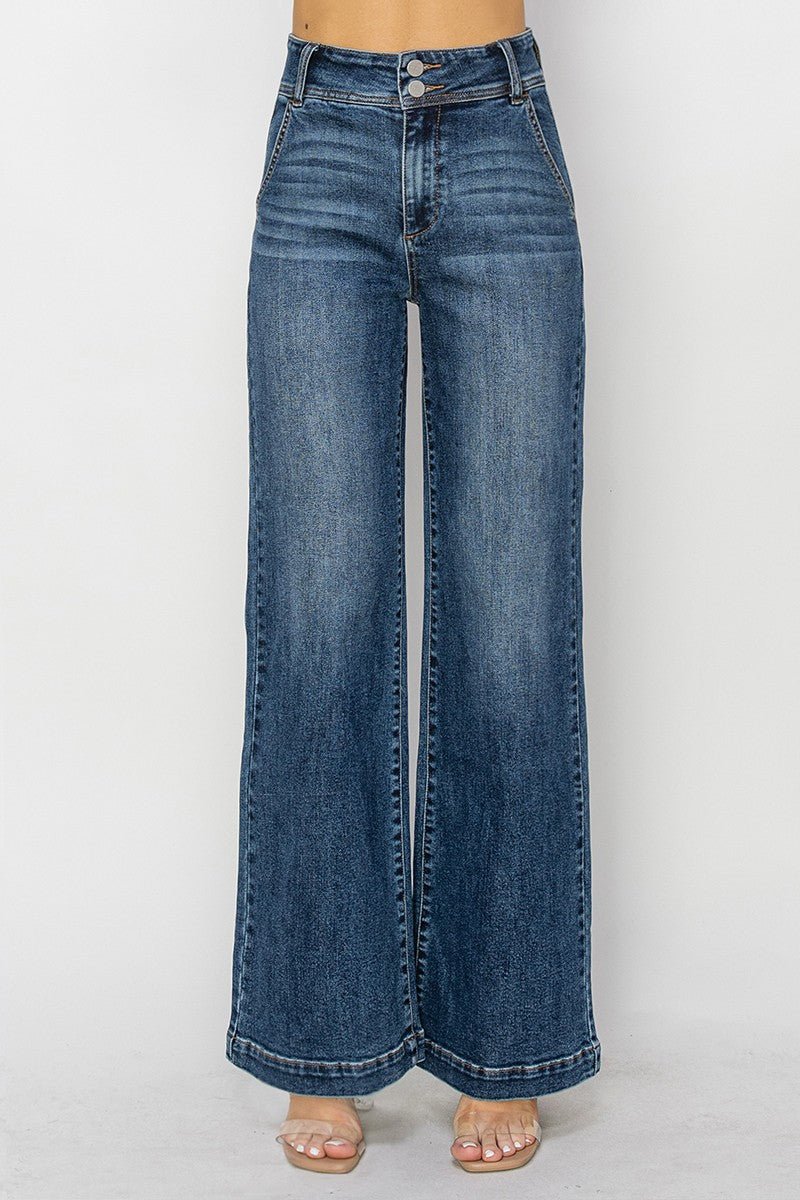 Risen High Rise Double Button Wide Leg Jeans - 9 and 15 remain