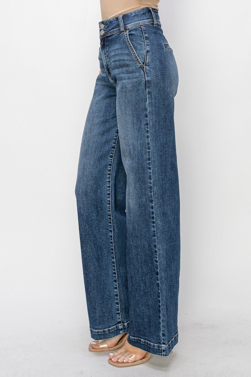 Risen High Rise Double Button Wide Leg Jeans - 9 and 15 remain