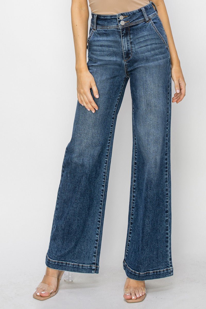 Risen High Rise Double Button Wide Leg Jeans - 9 and 15 remain