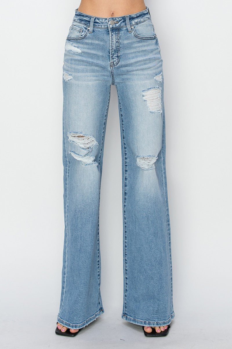 Risen High Rise Wide Distressed Jeans