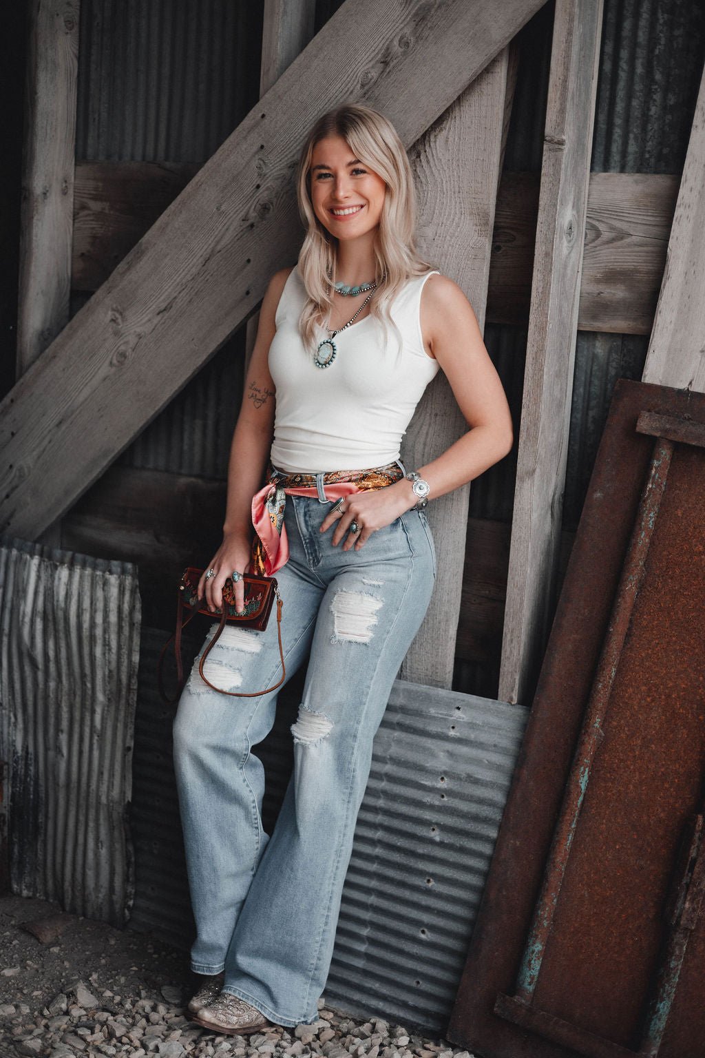 Risen High Rise Wide Distressed Jeans