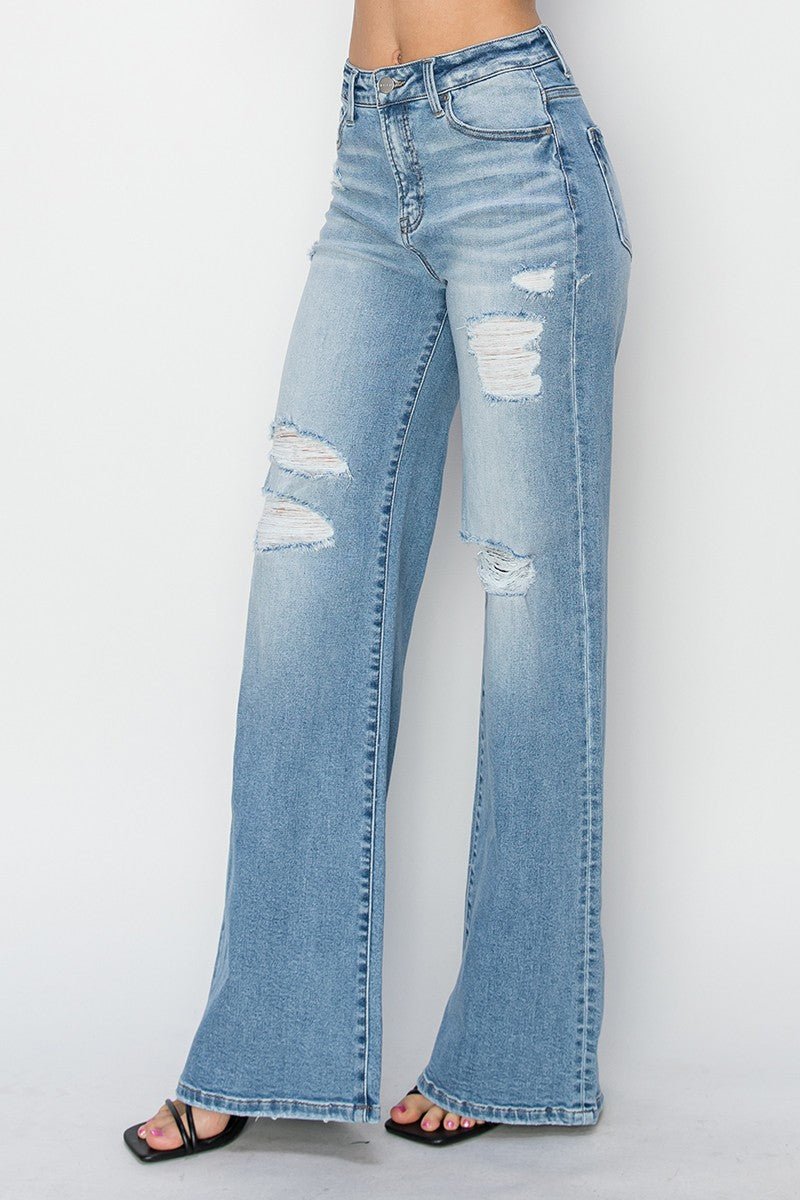 Risen High Rise Wide Distressed Jeans