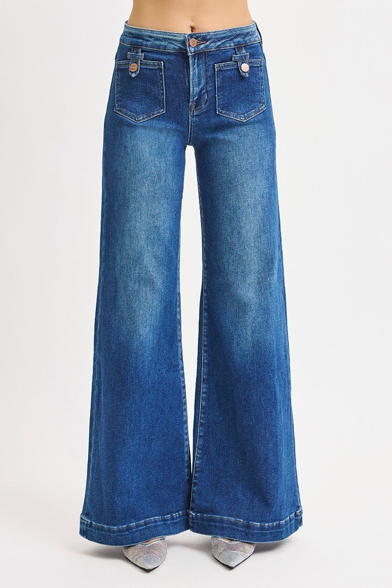 Risen Mid Rise Wide Front Patch Pocket Jeans