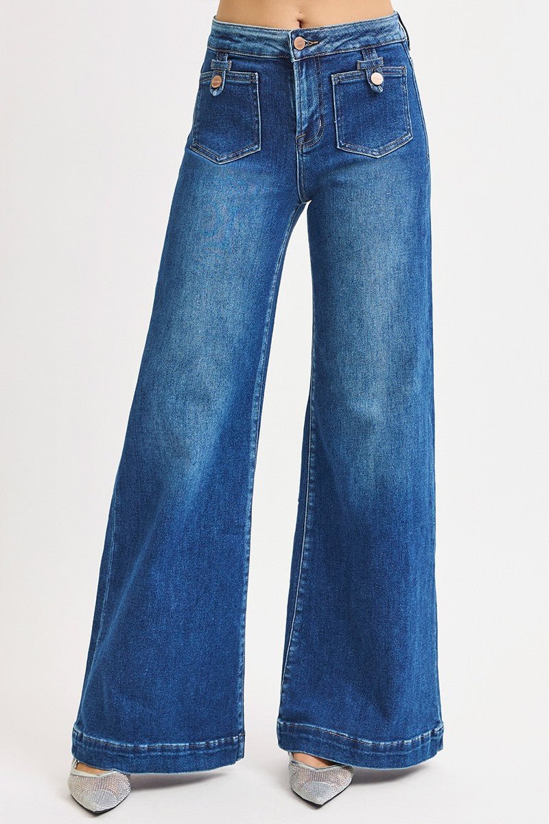 Risen Mid Rise Wide Front Patch Pocket Jeans