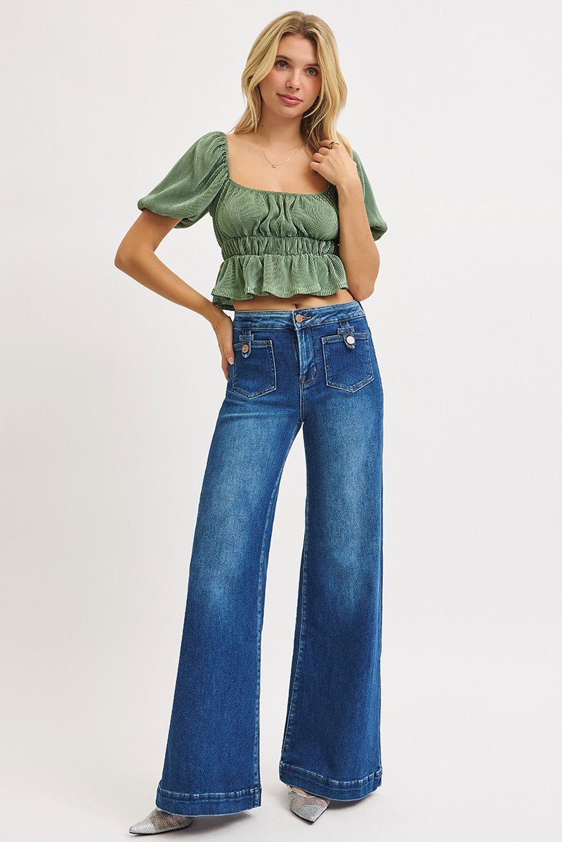 Risen Mid Rise Wide Front Patch Pocket Jeans