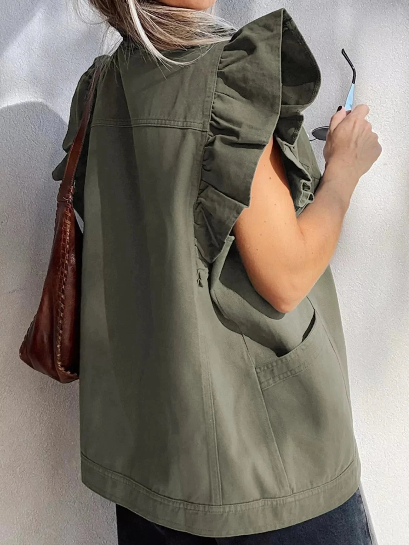 Ruffled Patchwork Cotton Denim Jacket Vest