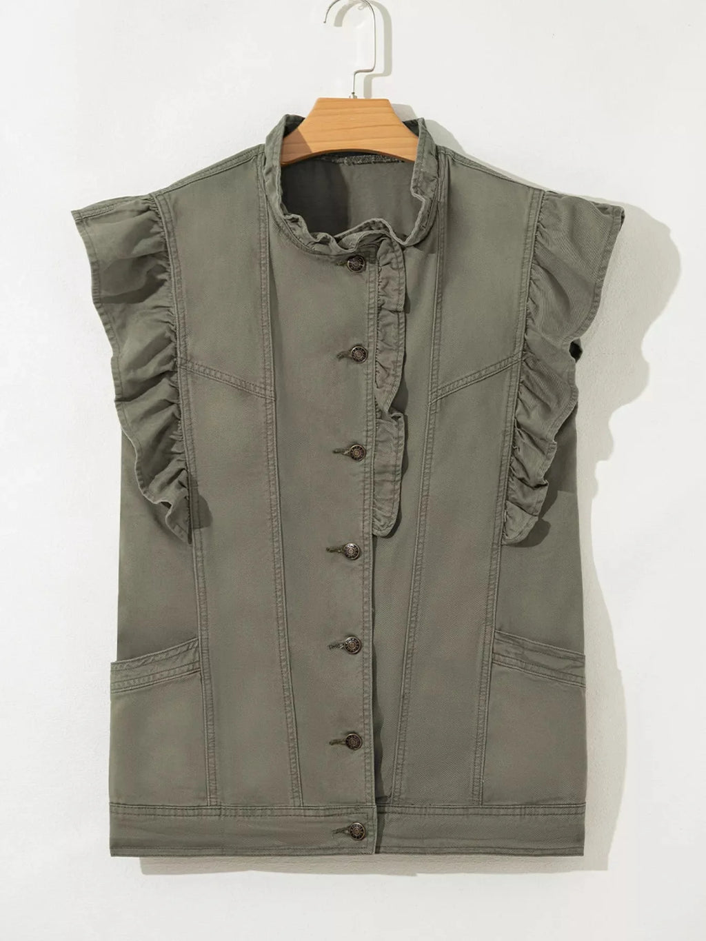 Ruffled Patchwork Cotton Denim Jacket Vest