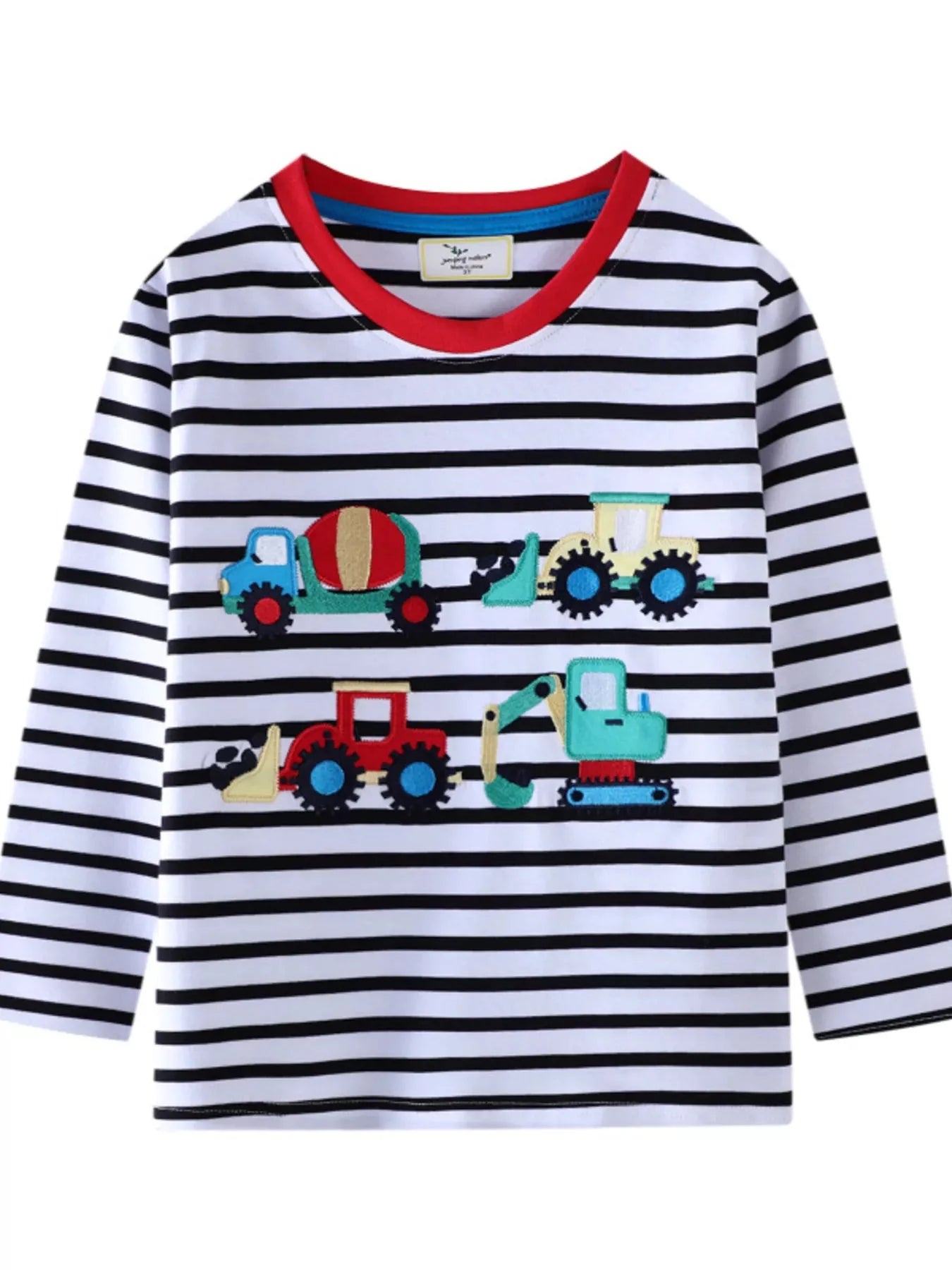 Striped Long Sleeve T-Shirt with Construction Vehicle Appliques