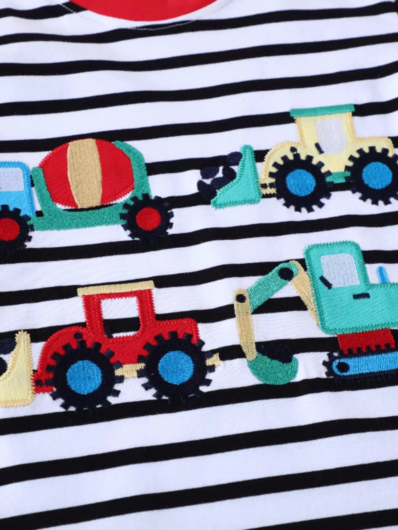 Striped Long Sleeve T-Shirt with Construction Vehicle Appliques