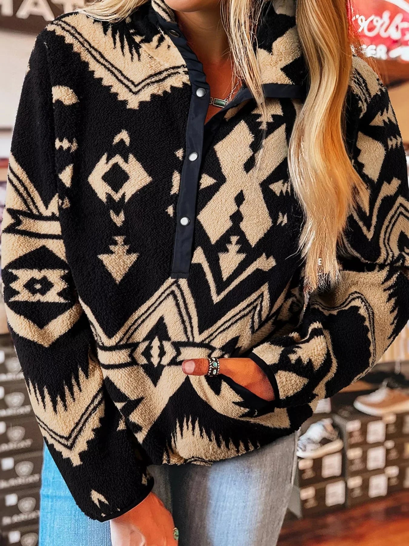 Tasia Western Aztec Half Zip Plush Sweatshirt