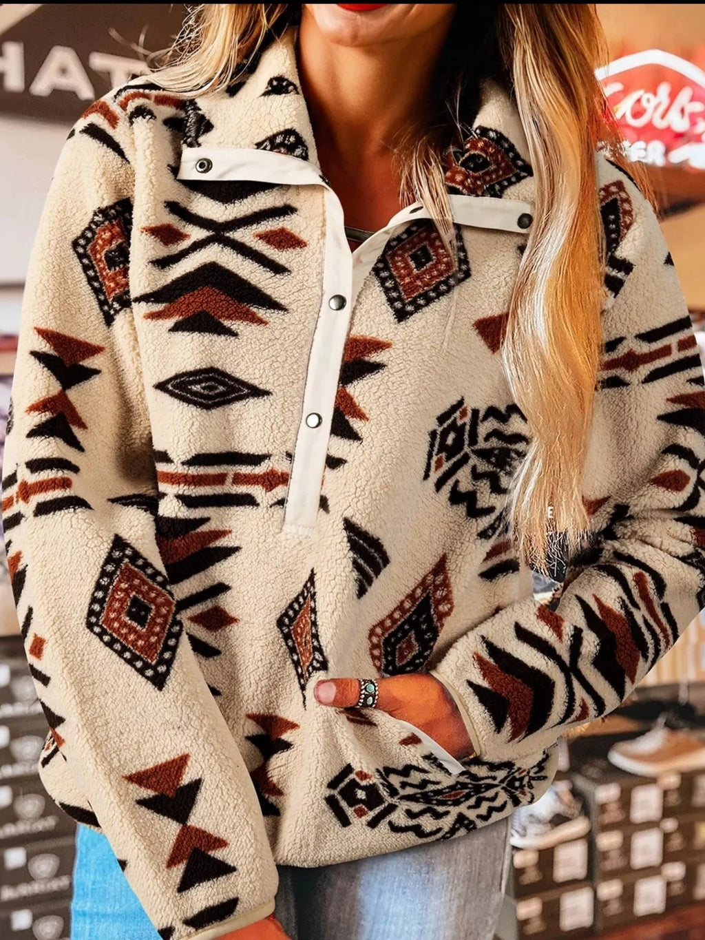 Tasia Western Aztec Half Zip Plush Sweatshirt