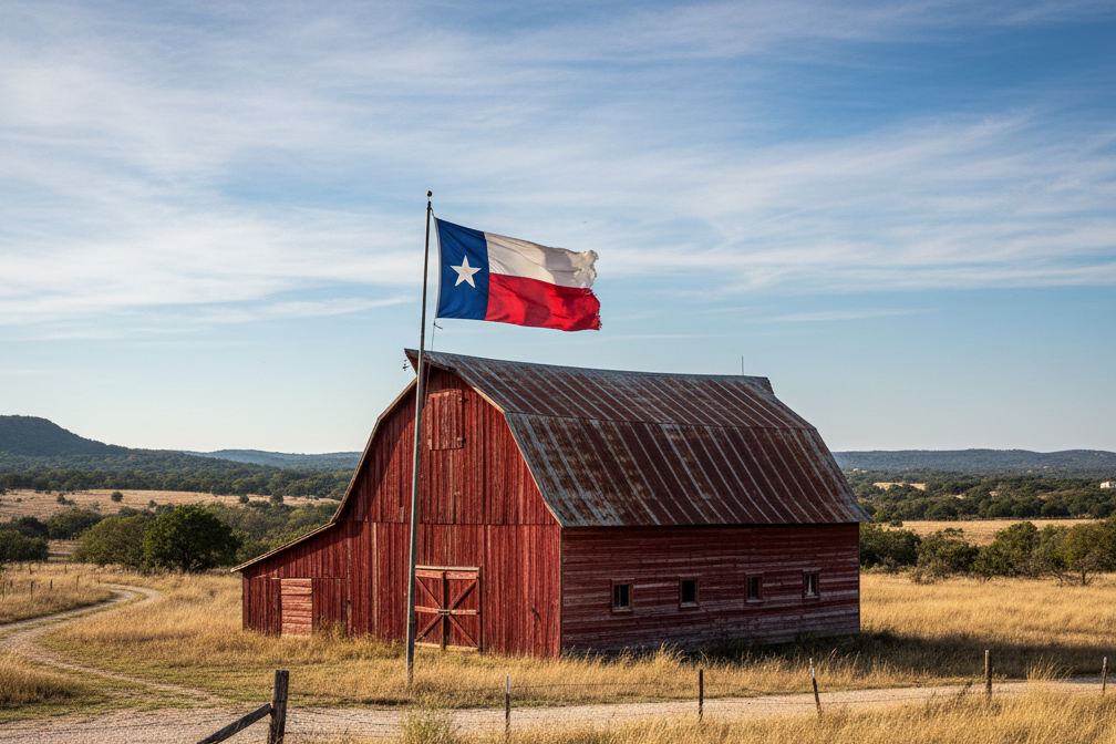 Texas flag, red barn