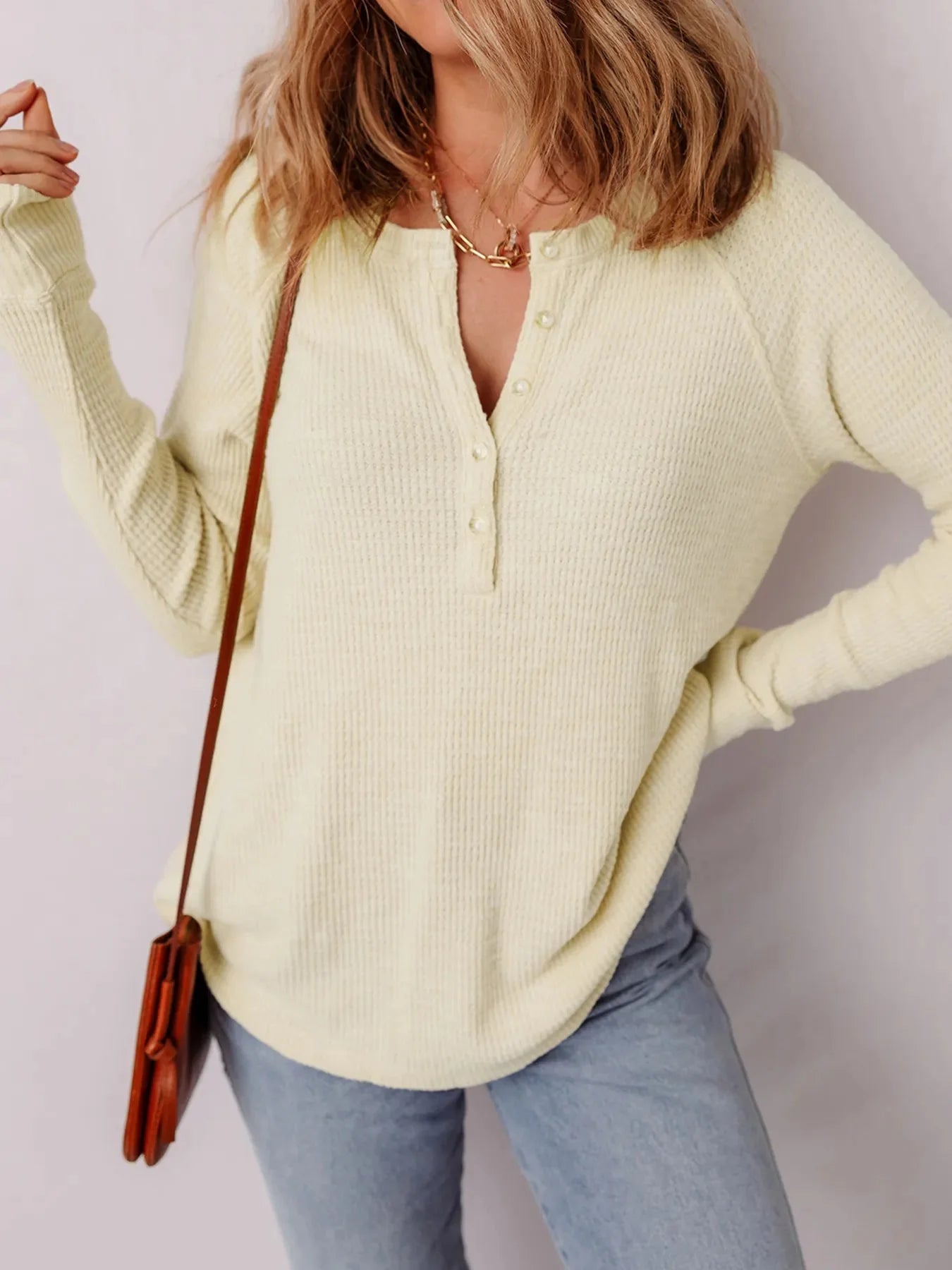 Textured Knit Half Buttons Henley Top