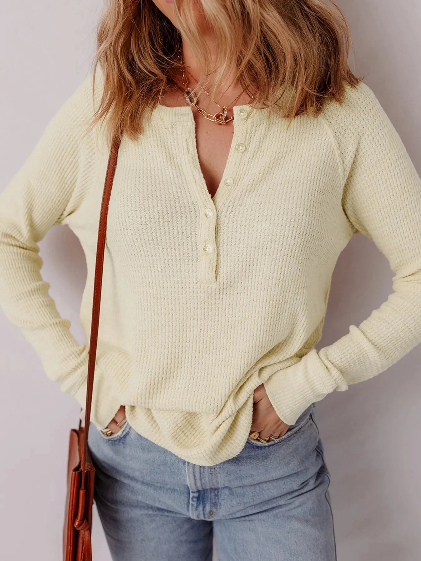 Textured Knit Half Buttons Henley Top