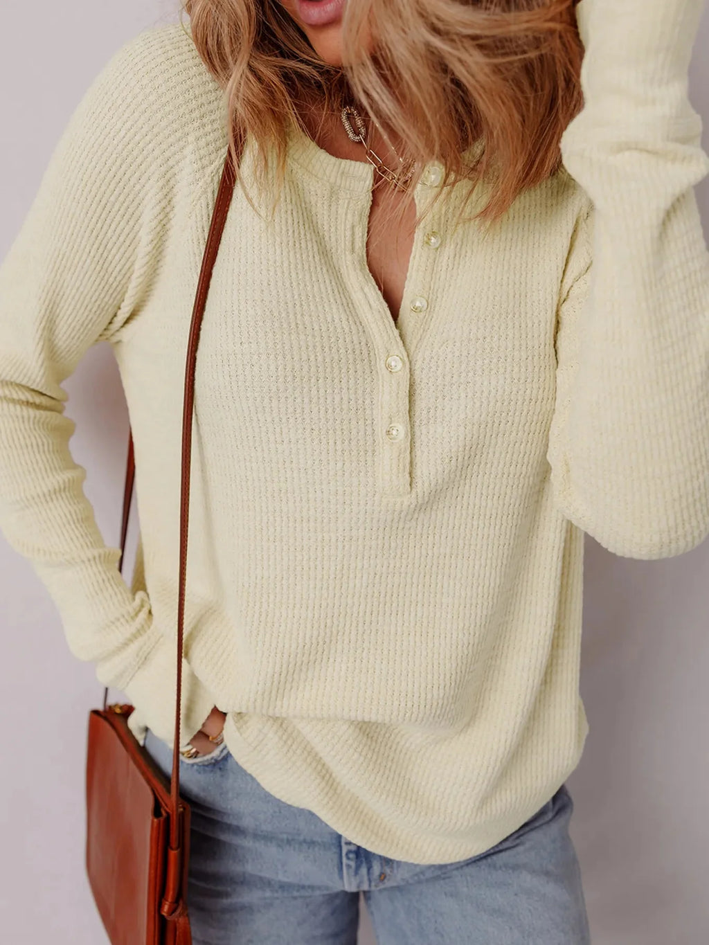 Textured Knit Half Buttons Henley Top