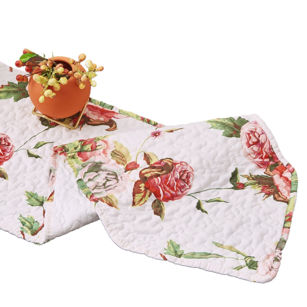 DaDa Bedding Romantic Roses Pink White Lovely Floral Quilted Dining Table Runner (879) - Rustic Avenue