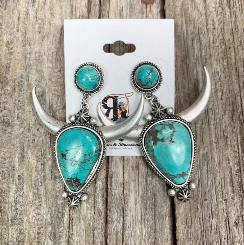 Turquoise & Metal Cow Head Drop Earrings