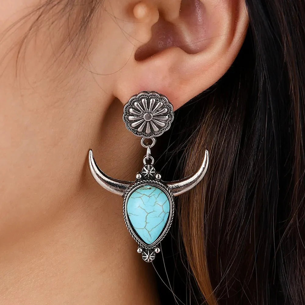 Turquoise & Metal Cow Head Drop Earrings