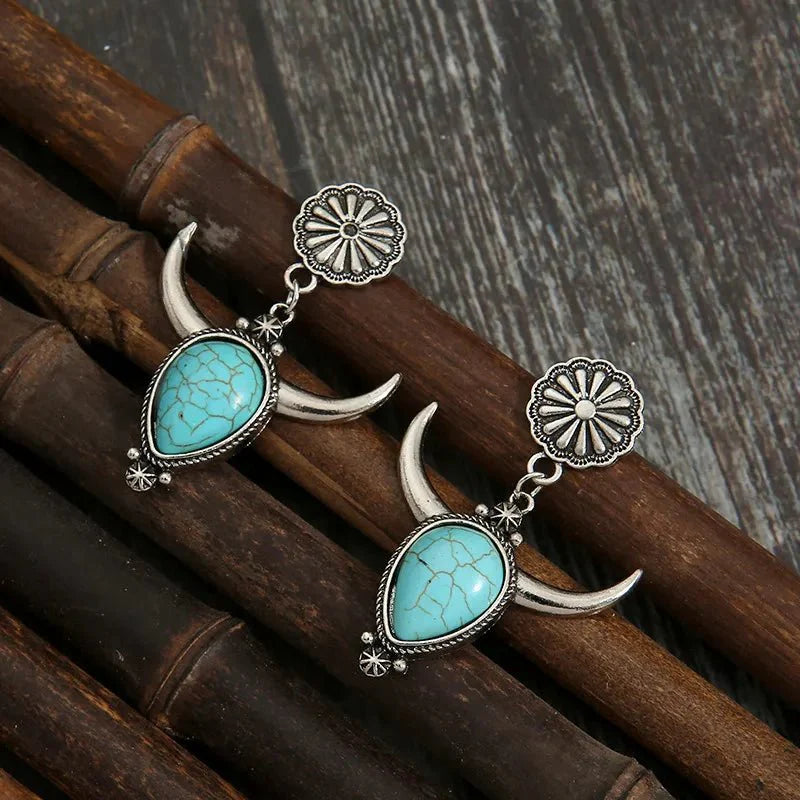 Turquoise & Metal Cow Head Drop Earrings