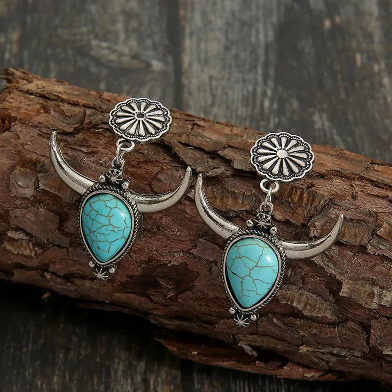 Turquoise & Metal Cow Head Drop Earrings