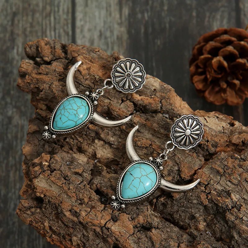 Turquoise & Metal Cow Head Drop Earrings