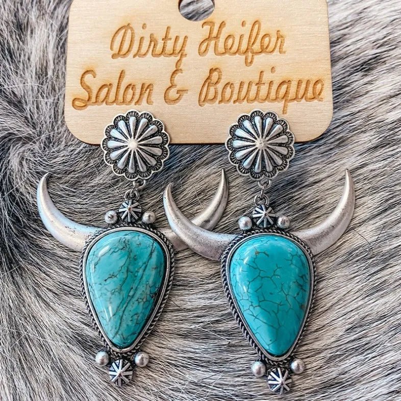 Turquoise & Metal Cow Head Drop Earrings