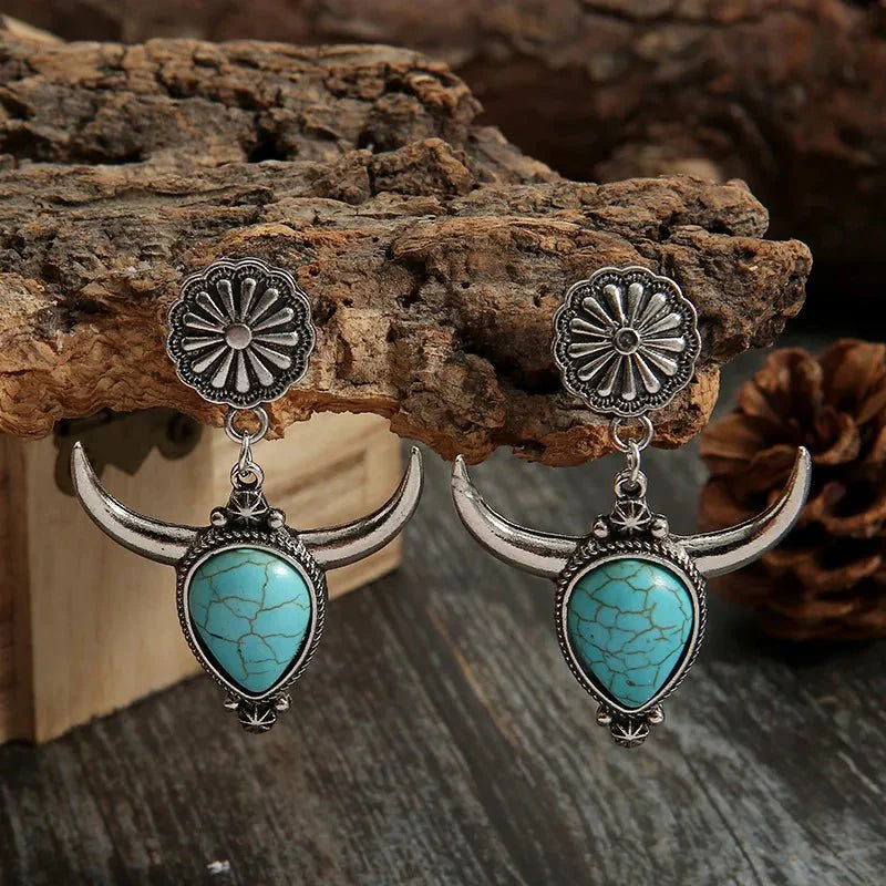 Turquoise & Metal Cow Head Drop Earrings