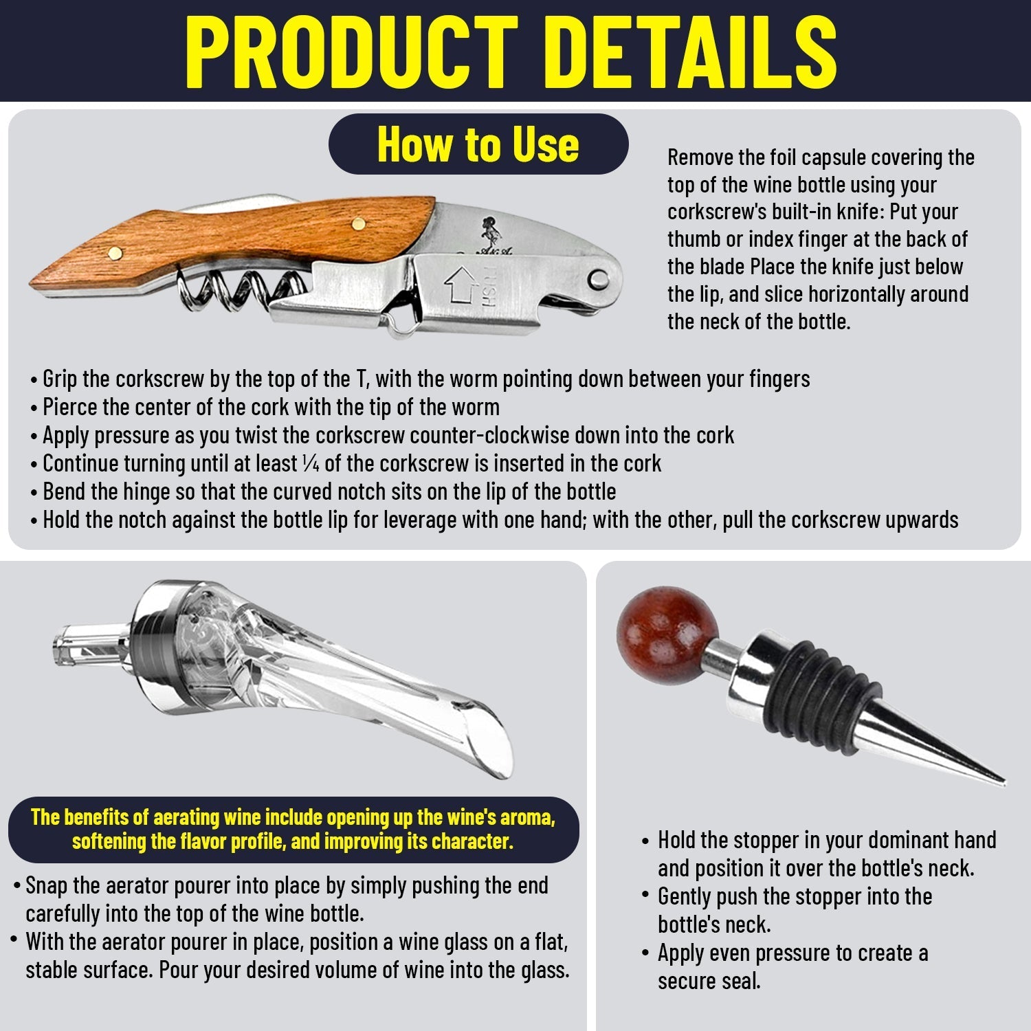 Ultimate Wine Accessories Set Featuring 3 in - 1 Multifunctional Waiters Corkscrew - Rustic Avenue