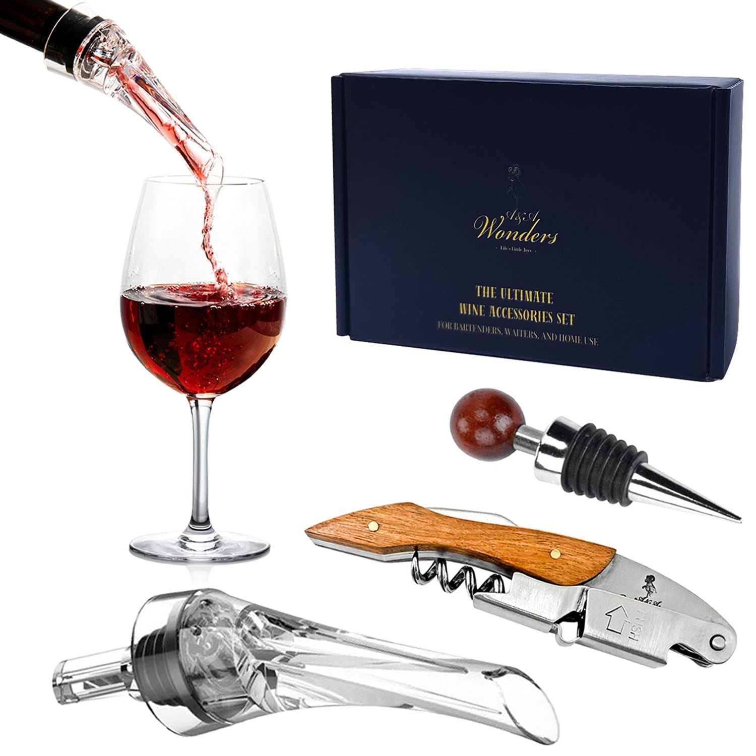Ultimate Wine Accessories Set Featuring 3 in - 1 Multifunctional Waiters Corkscrew - Rustic Avenue