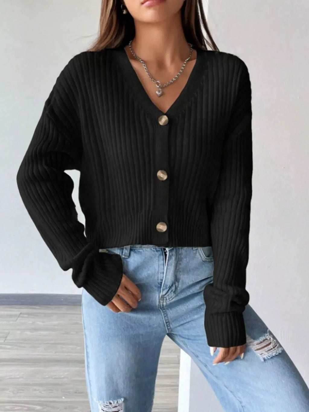 V-Neck Button-Up Cardigan