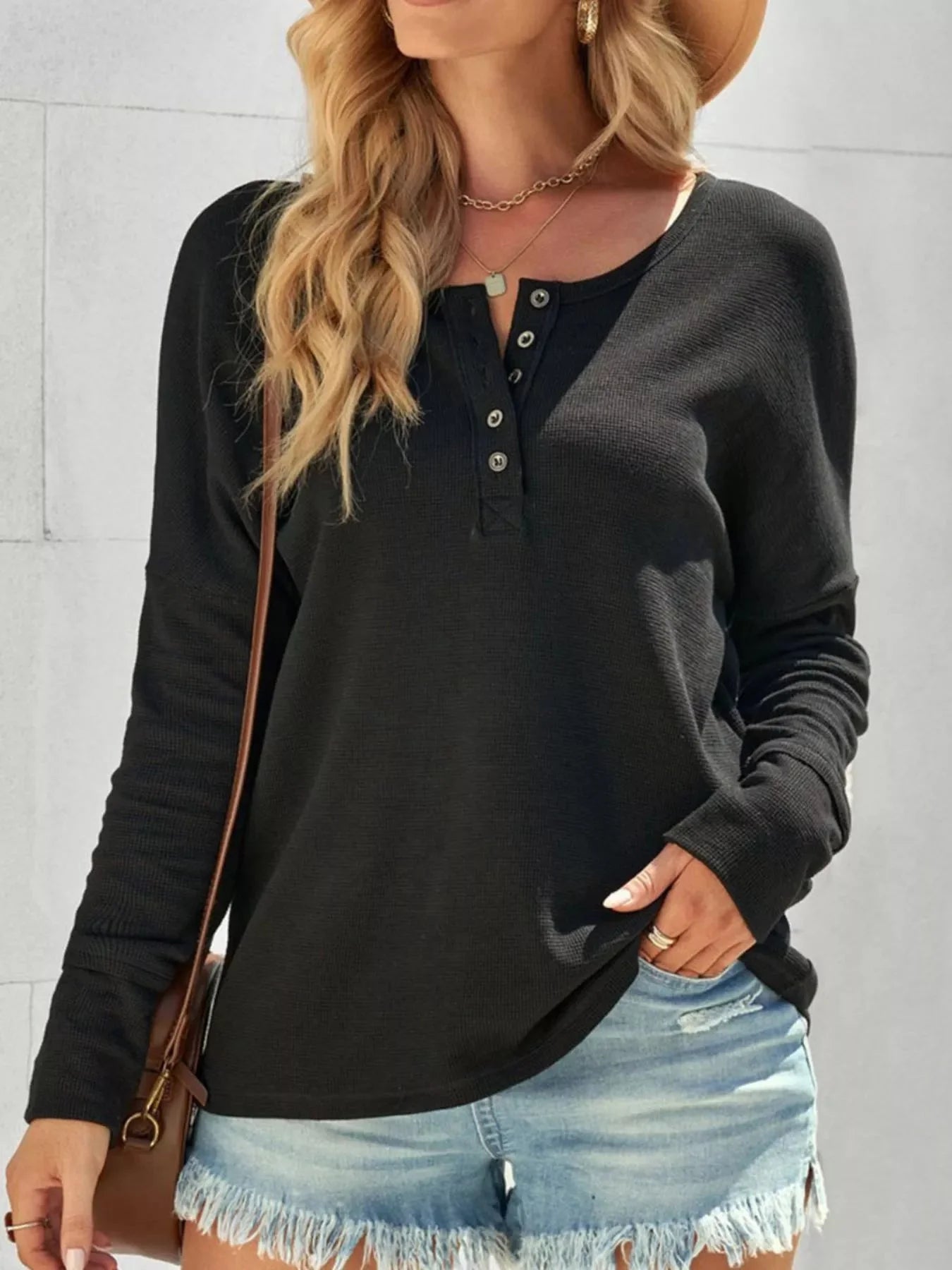 Waffle Knit Henley Top - 2 Colors