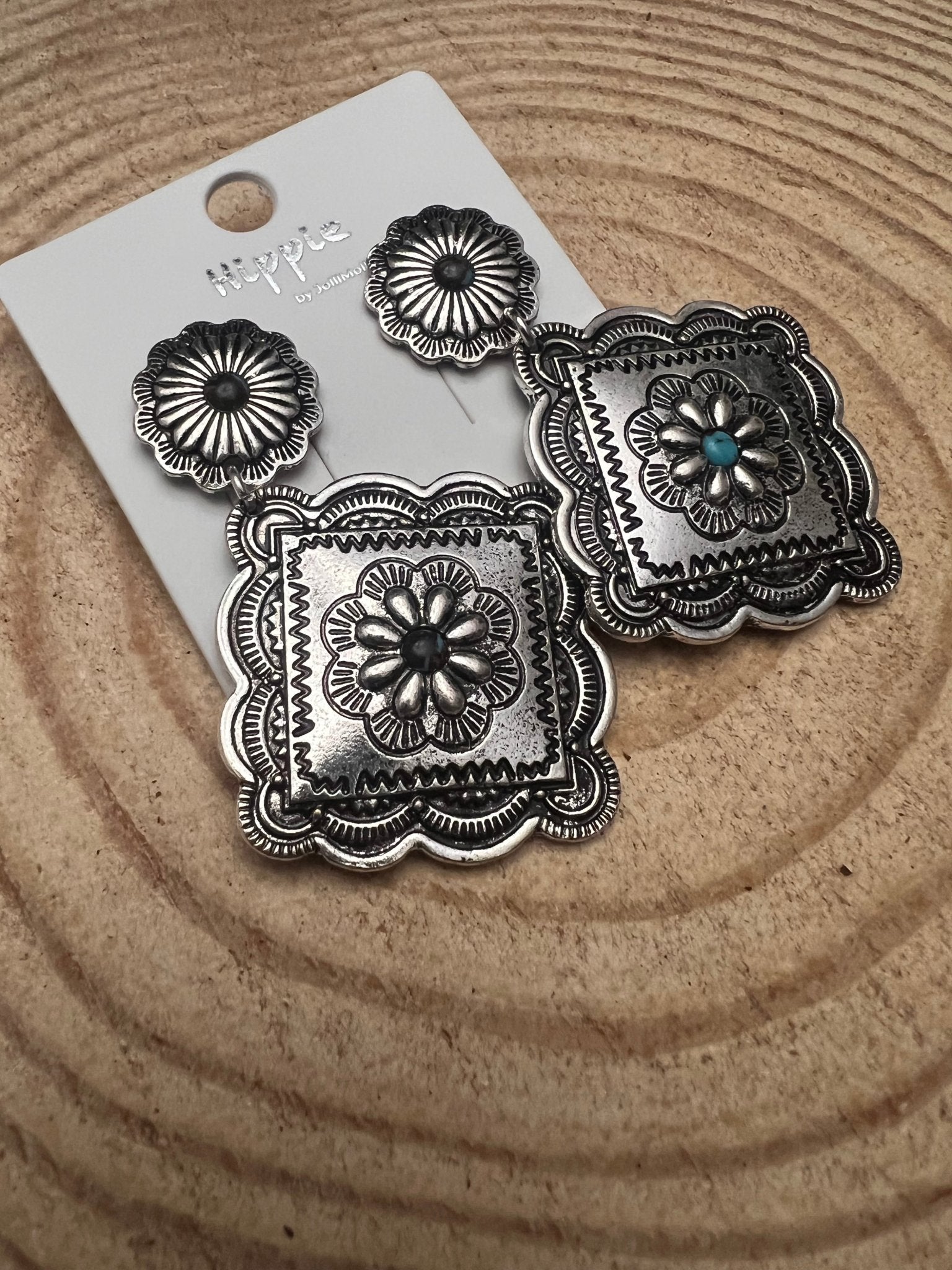 Western Concho Dangle Earrings with multi color stones - 2 1/2 inch drop