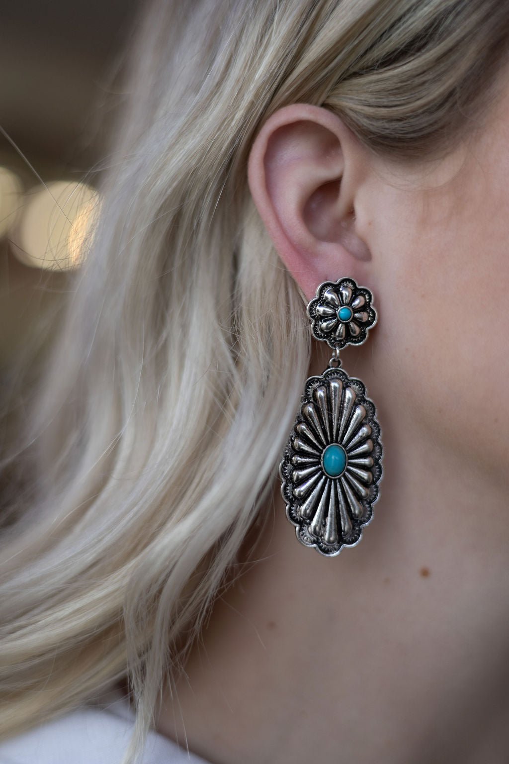 Western Double Concho Earrings with Faux Turquoise