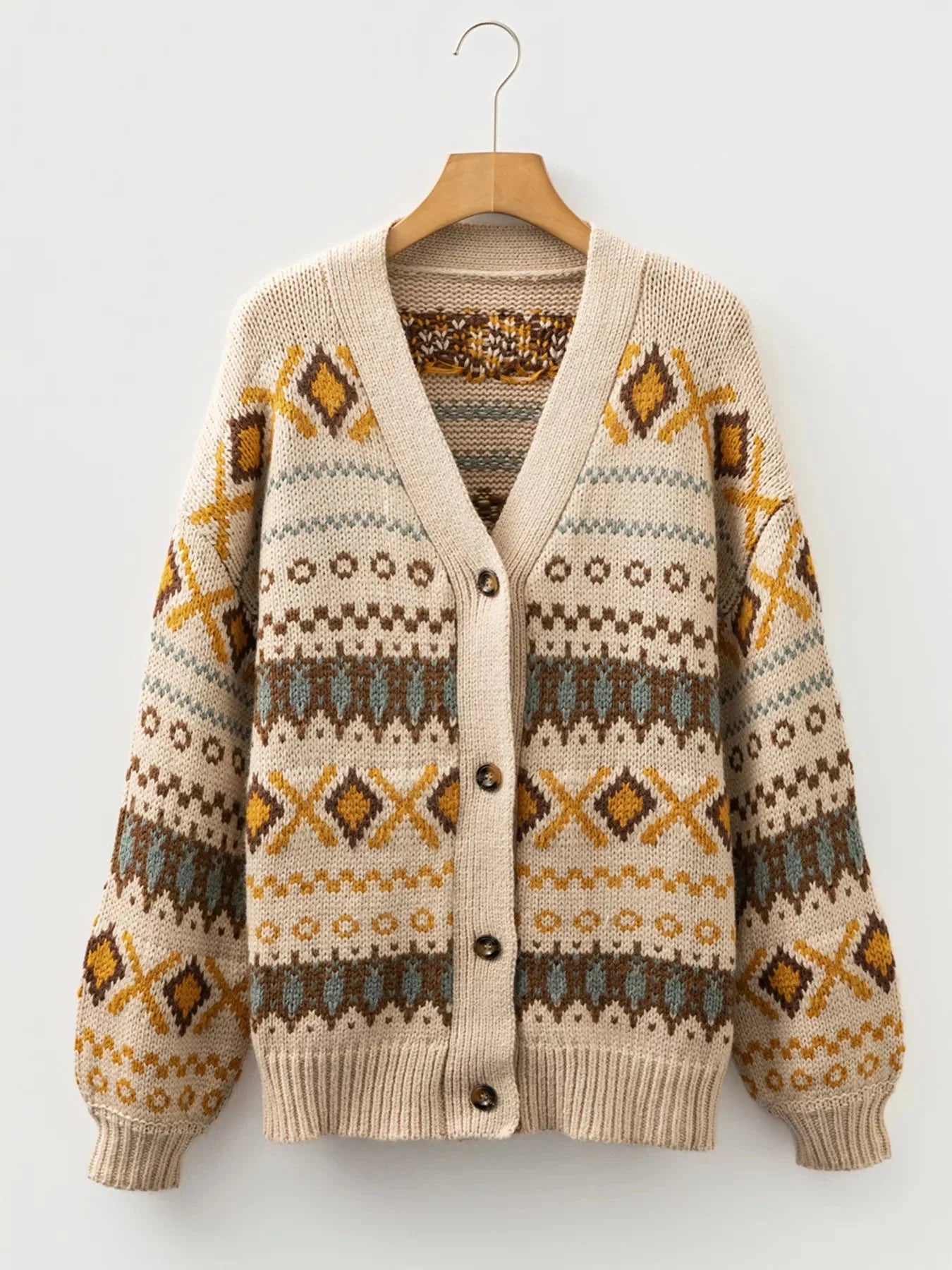 Western Pattern Knitted Button V Neck Cardigan Sweater