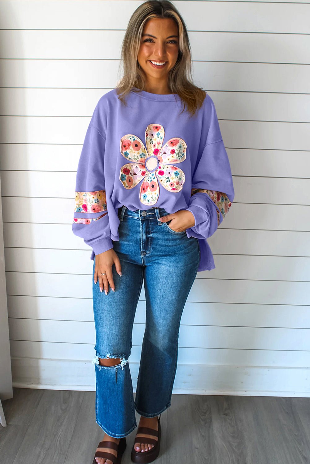 Wisteria Flower Applique Patchwork Drop Sleeve Pullover Sweatshirt