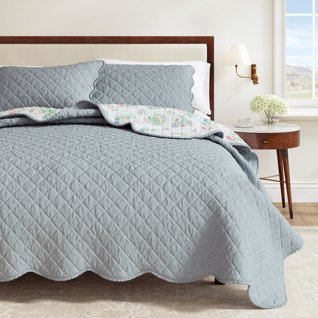 Floral Print & Scallopeded Edge Cotton Quilt Set - Katrin Collection - Rustic Avenue